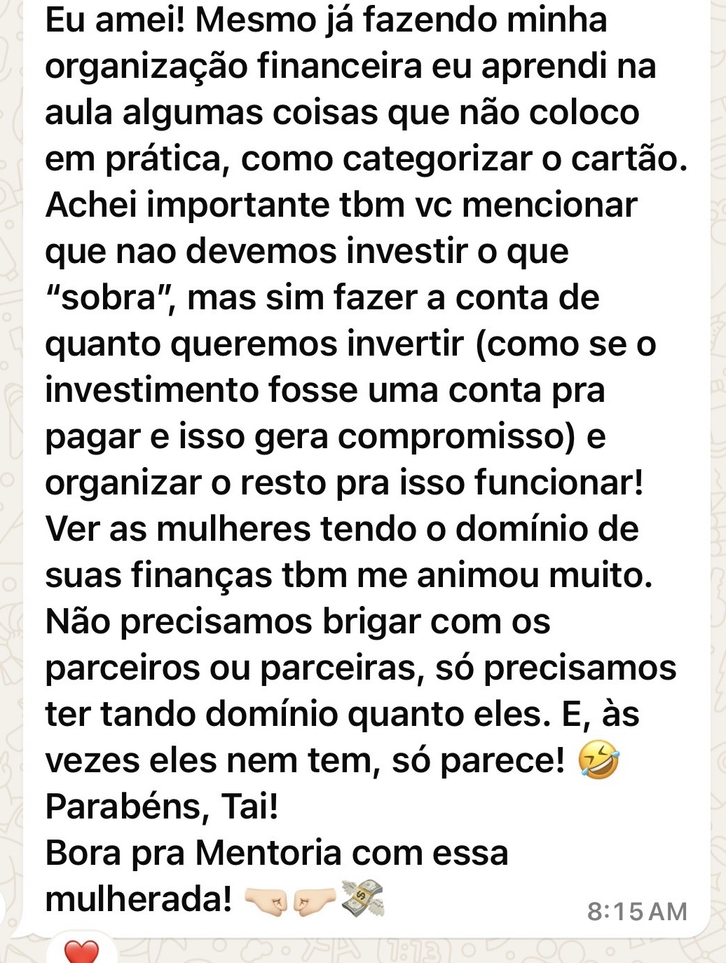 Depoimento de aluna sobre o que aprendeu na aula